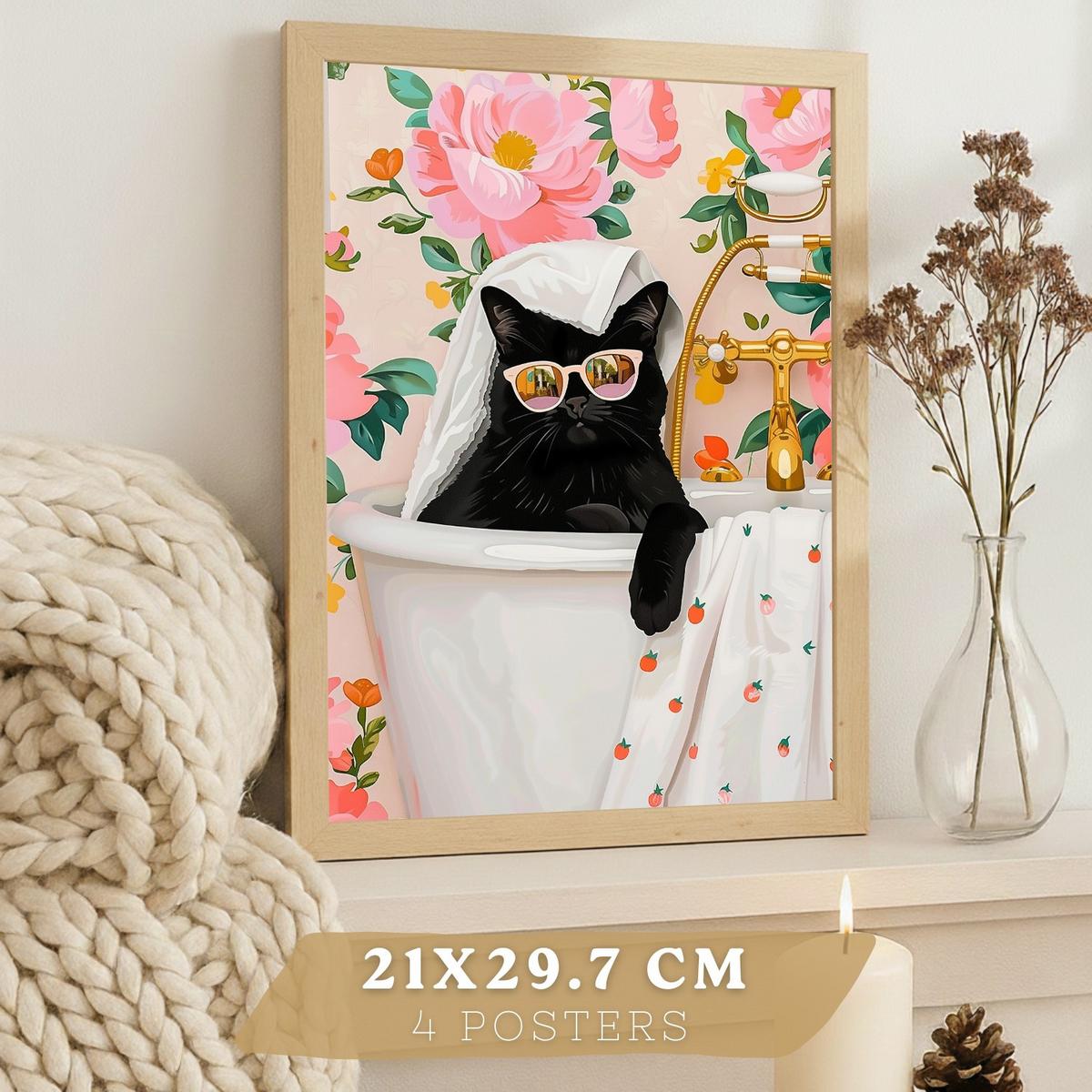 POSTER 4er Kunstdruck-Set Wandbilder Katzen modern Wohnzimmer Deko, Schlafzimmer, Küche, Badezimmer Rahmenlos A3 - Beige, Papier (29.7/1/42cm) - Nacnic