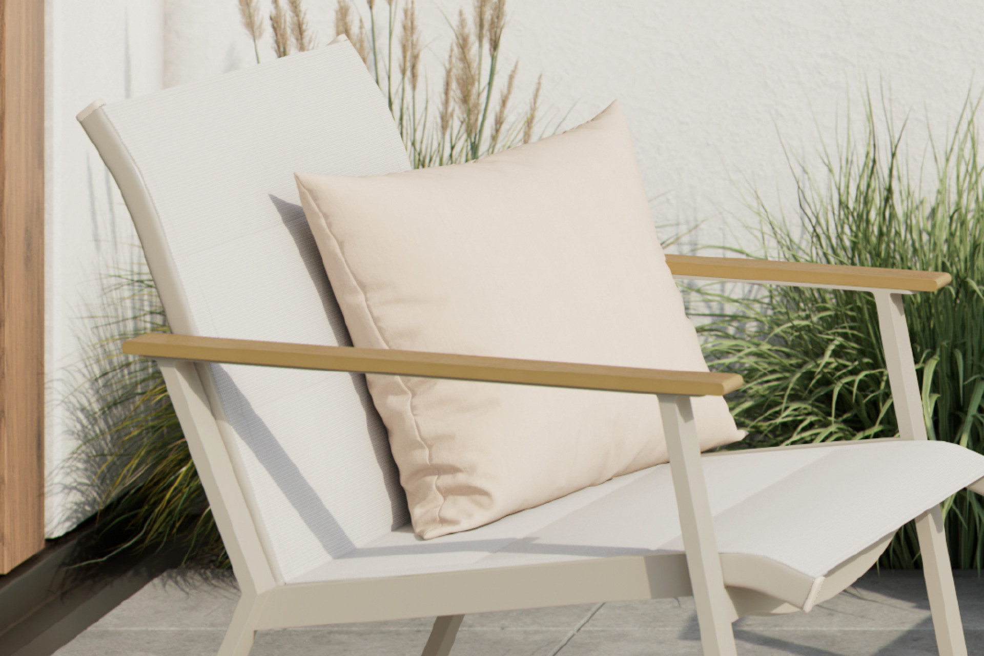 Gartenset Beige Teakfarben Bezug Texteline Webstoff 