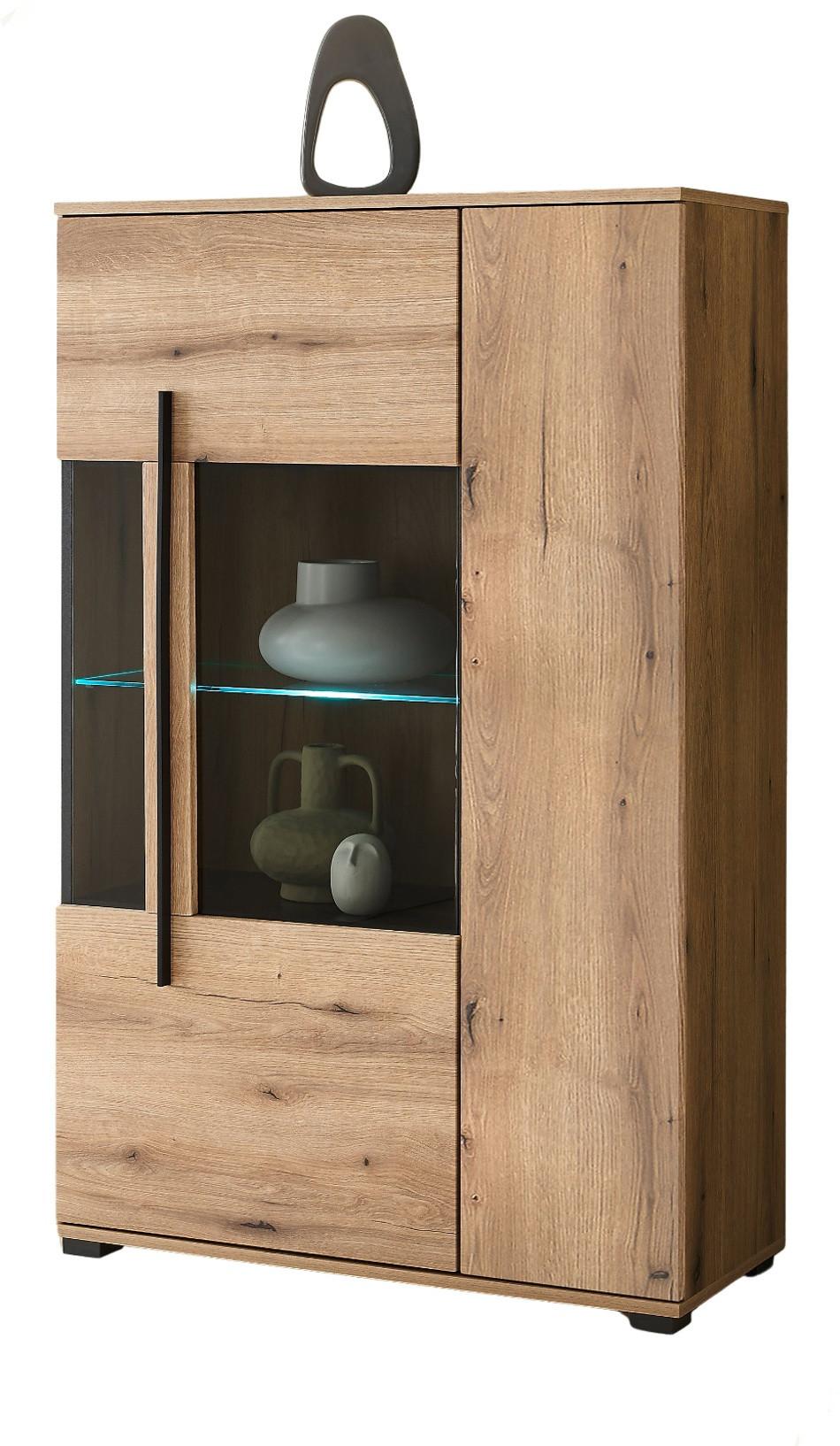 HIGHBOARD Eiche Evoke, Vitrine 90 x 140 cm mit LED Beleuchtung - Eichefarben/Schwarz, Glas/Holzwerkstoff (90/140/37cm) - Furn.Design