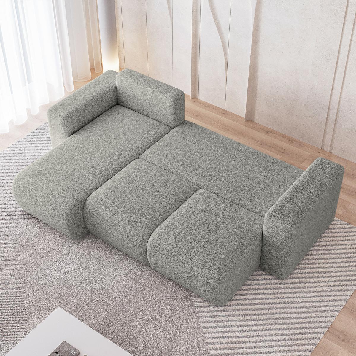 ECKSOFA RINOVA Hellgrau Boucle-Stoff mit Schlaffunktion - Hellgrau, Holz (250/143cm) - MASSENO