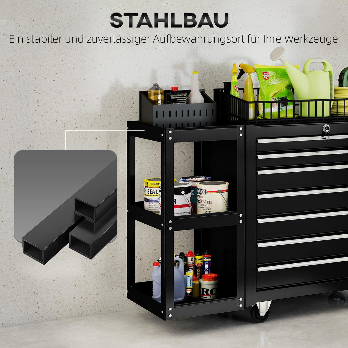 WERKSTATTWAGEN Werkzeugwagen mit 7 Schubladen abnehmbar Seitenregal Rollen - Schwarz, Metall (33.5/75/96cm) - HOMCOM