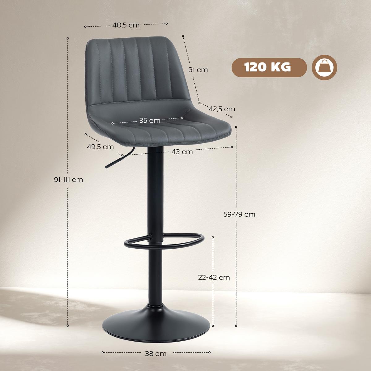 BARHOCKER 2er-Set 91-111 cm Höhenverstellbarer mit Fußring - Dunkelgrau/Schwarz, Kunststoff/Textil (49.5/111/43cm) - HOMCOM