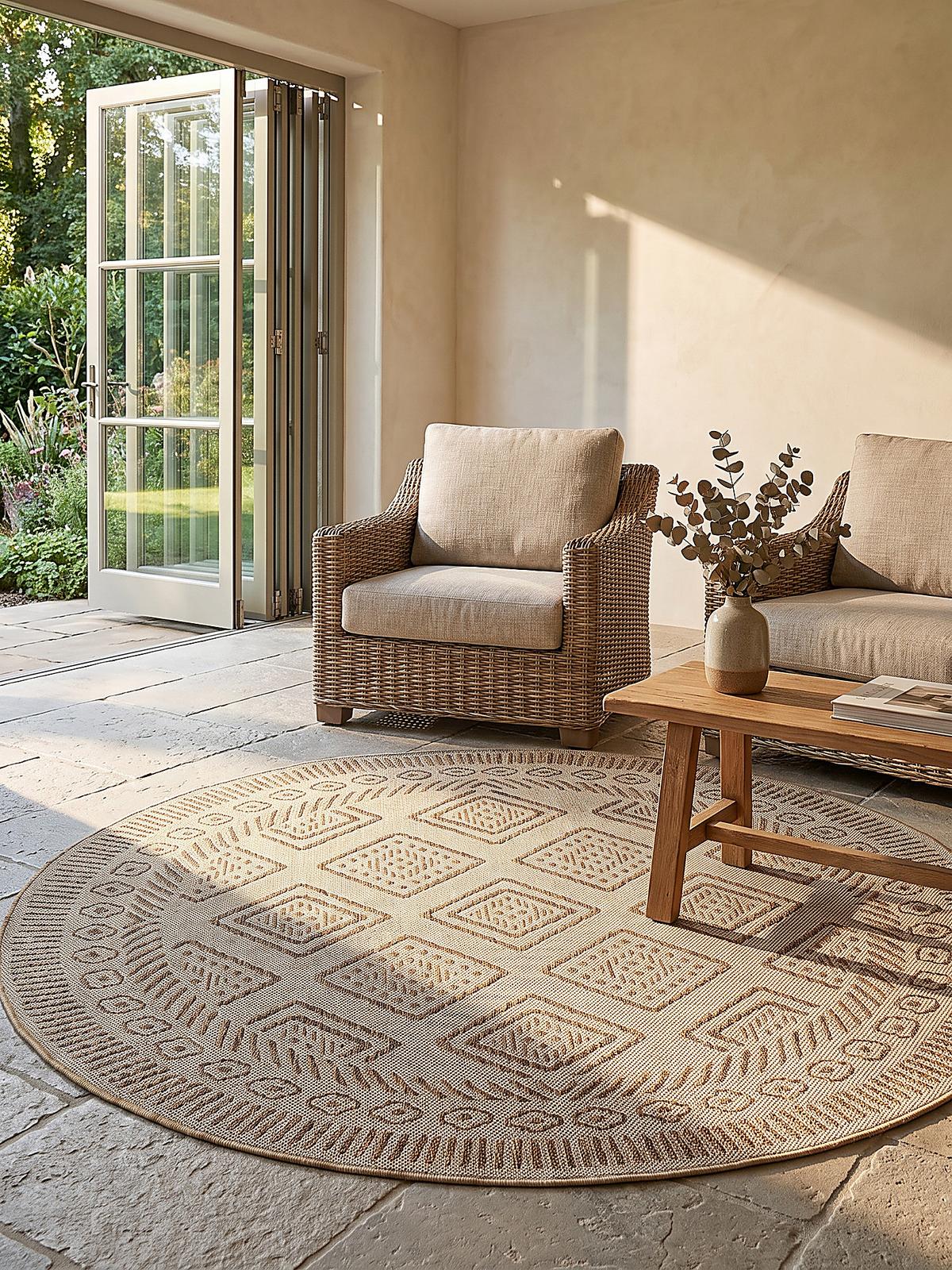 TEPPICH Flachgewebe, Outdoor, Fußbodenheizung-geeignet, mit Rautenmuster, VIGOLENO in Beige-Braun, Ø 160 cm - Beige, Textil (160/160cm) - KADIMA DESIGN
