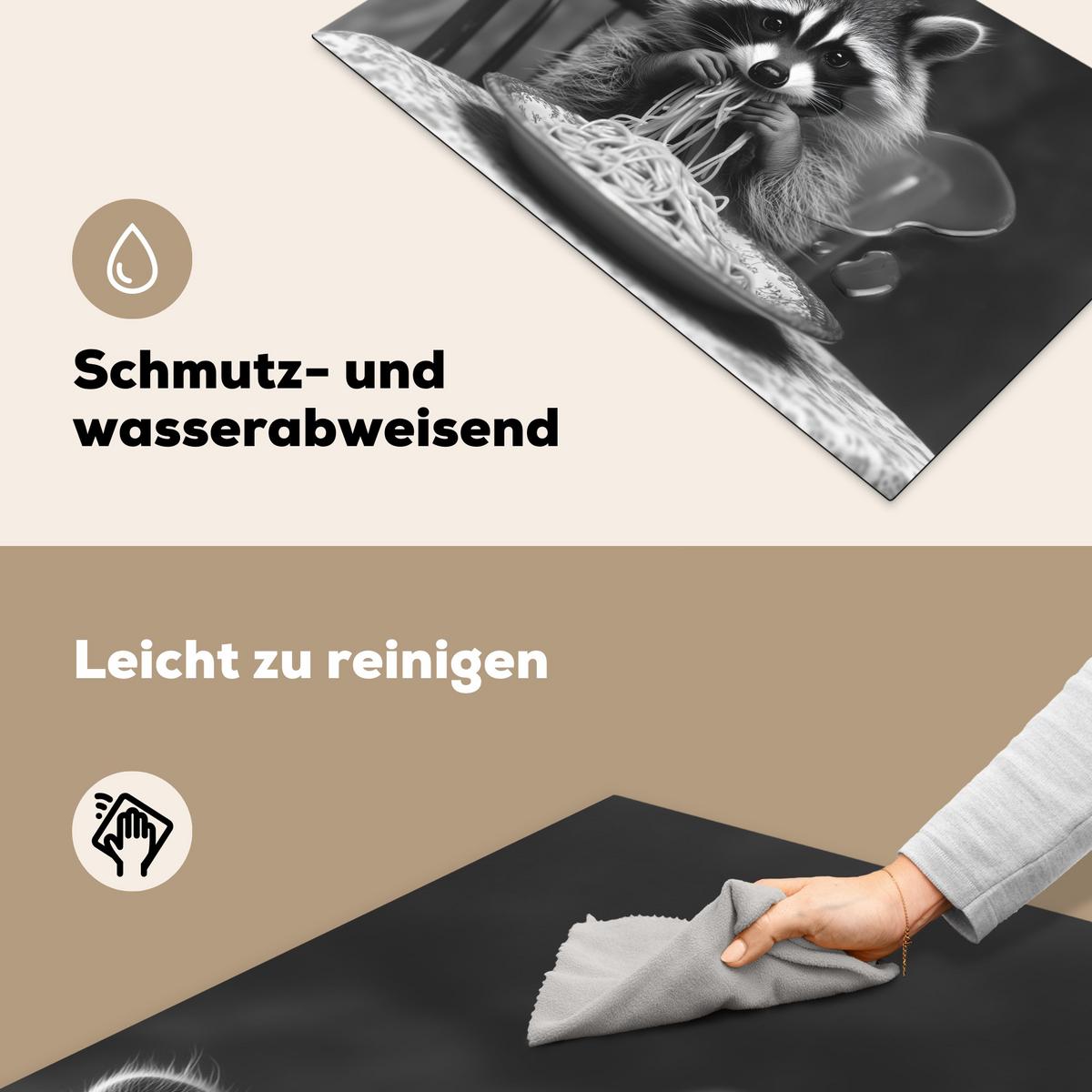 HERDABDECKPLATTE Waschbär - Niedlich - Pasta - Tischtuch - Schwarz - Weiß Ceranfeldabdeckung 85x52 cm - Grau, Kunststoff (85/52/0.2cm) - MuchoWow