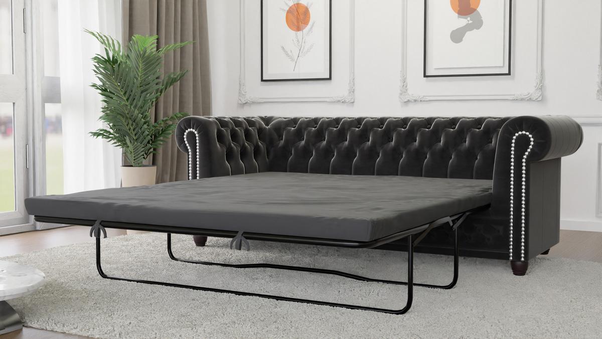 CHESTERFIELD-SOFA 3-Sitzer mit Schlaffunktion Nyx Schwarz Samt - Schwarz/Braun, Holz/Textil (203/28/86cm) - S-Style Möbel