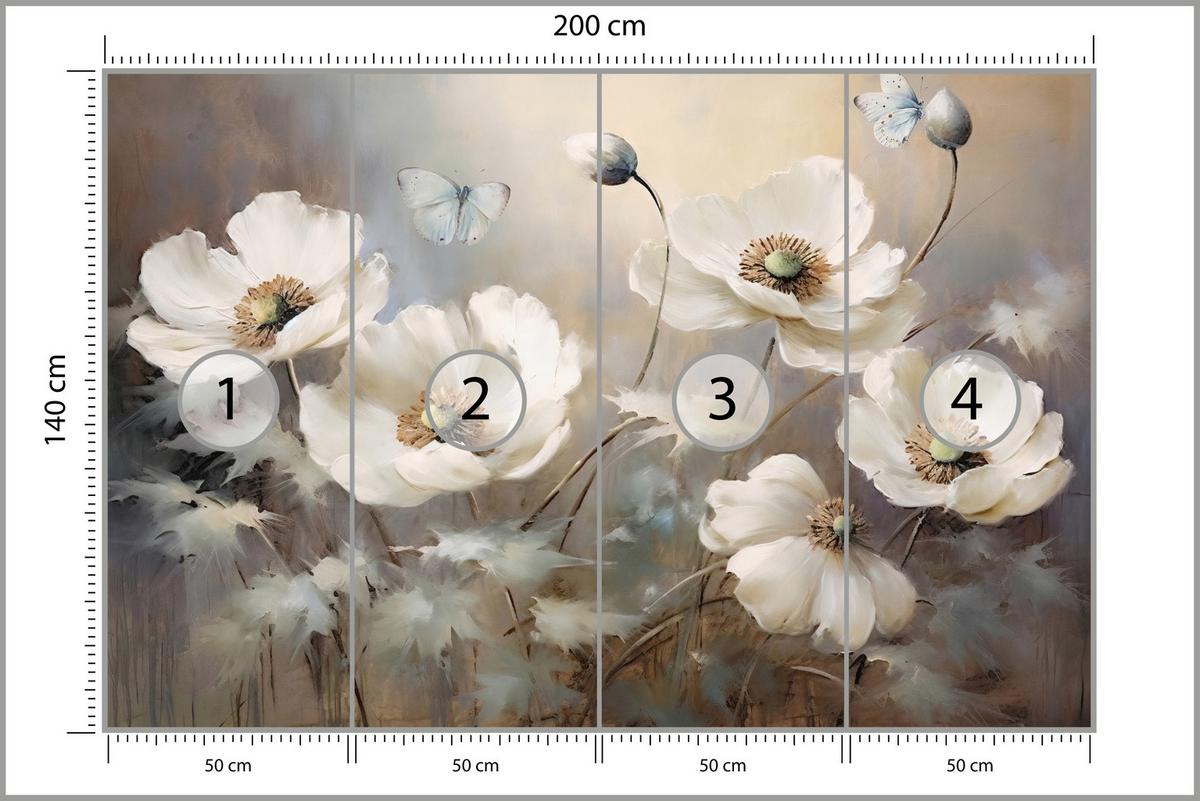 FOTOTAPETE für Schlafzimmer Abstrakte Weiße Mohnblumen Schmetterlinge Aquarell 200x140 - Beige/Braun, Papier (200/140cm) - Muralo