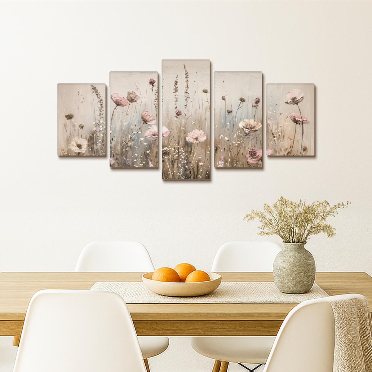 LEINWANDBILD 5er Set Blumen - Beige - Modern - Rosa 100x50 cm - Ecru, Textil (100/50cm) - MuchoWow