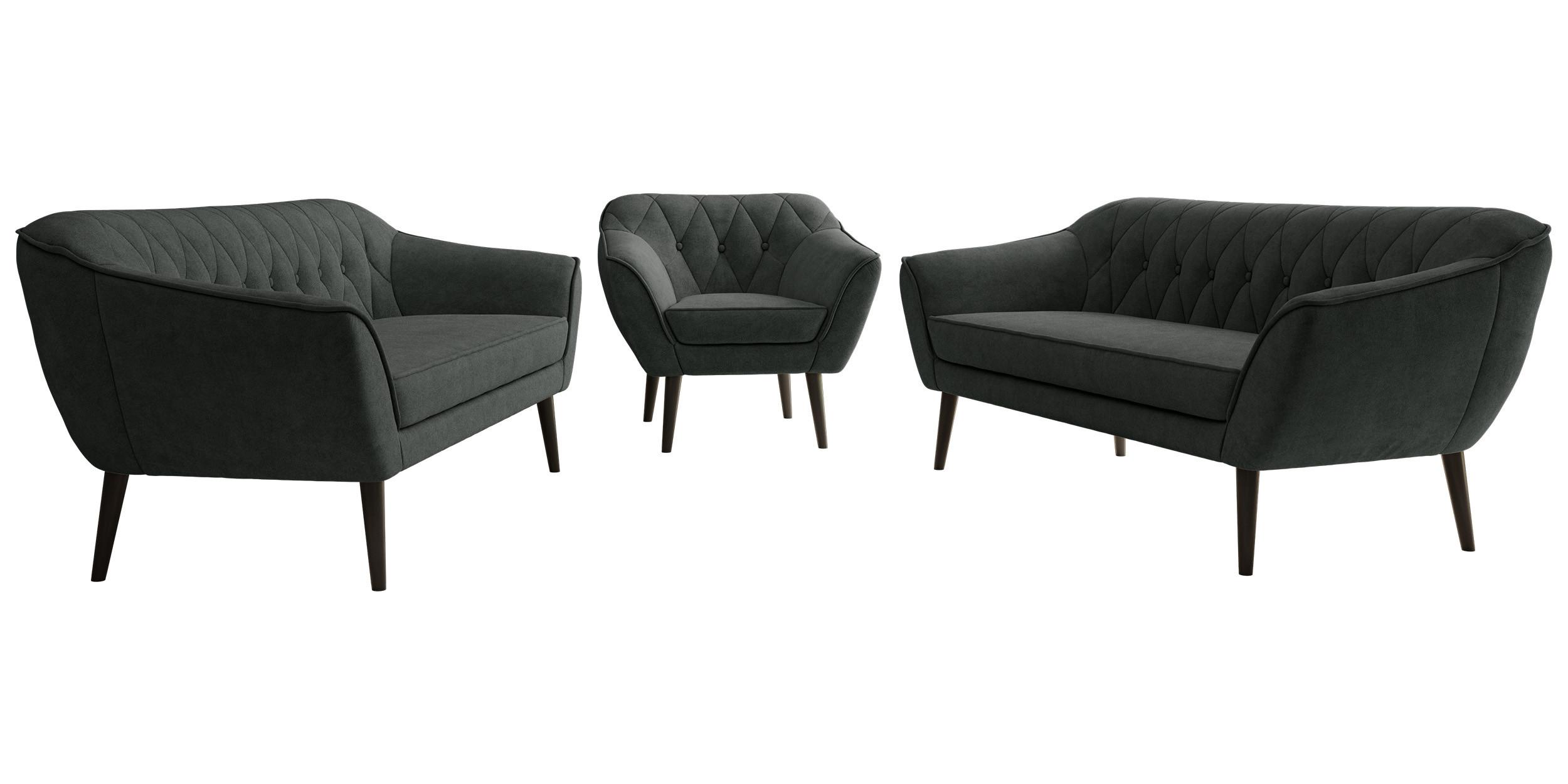 SITZGARNITUR PIRS 3+3+1 - Dunkelgrau Strukture - Schwarze Beine - Dunkelgrau/Graphitfarben, Holzwerkstoff/Textil (180/75/74cm) - MKS