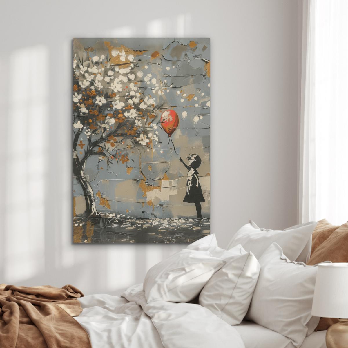 AKUSTIKBILD Baum - Graffiti - Banksy-Stil - Ballon-Mädchen Wanddeko 70x100 cm - Blaugrau, Kunststoff (70/100/0.9cm) - MuchoWow