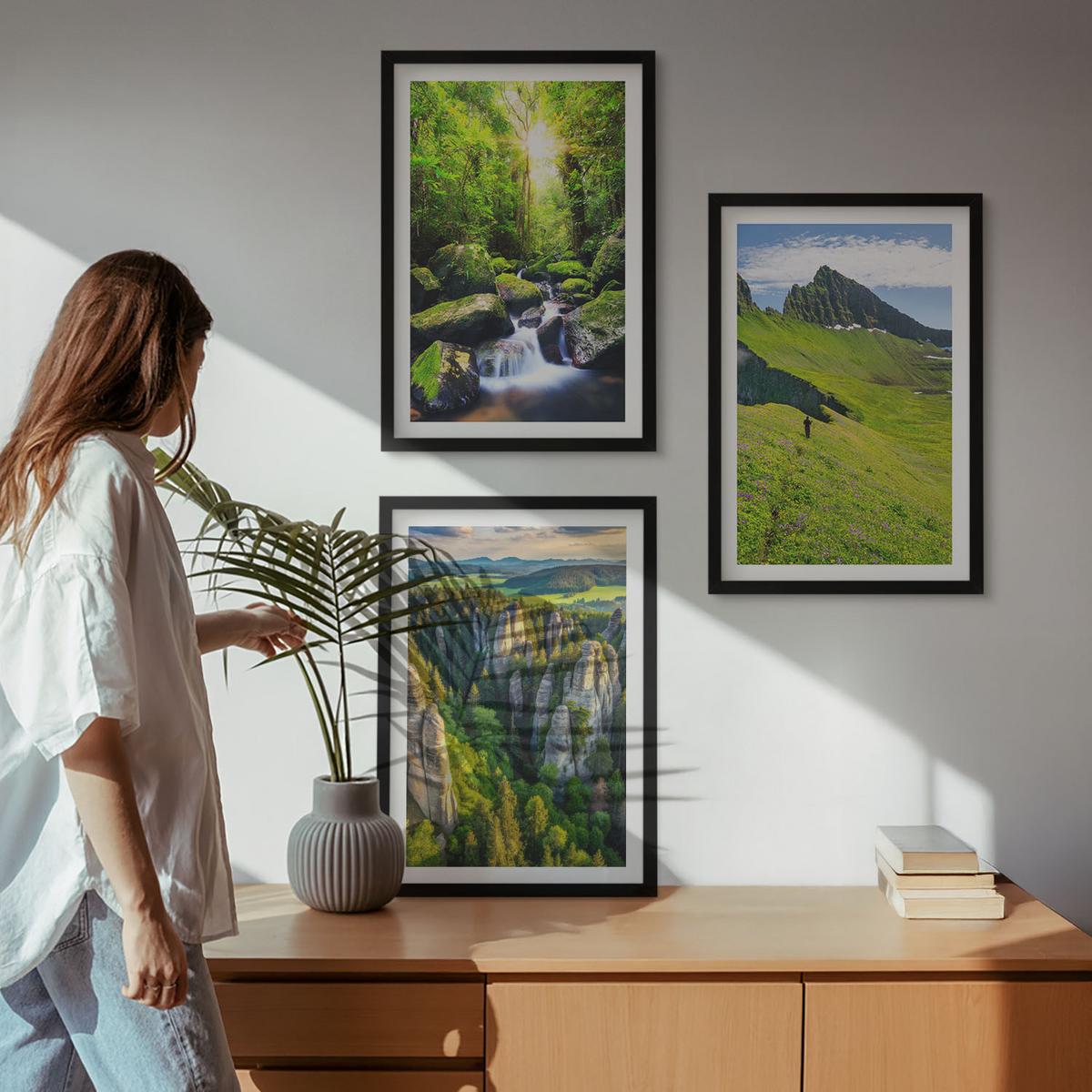 BILDER SET 3er Set - 40x60 cm Schwarzer Rahmen - Grüne Berge Wasserfallwald - Schwarz, Kunststoff (40/60cm) - TULUP