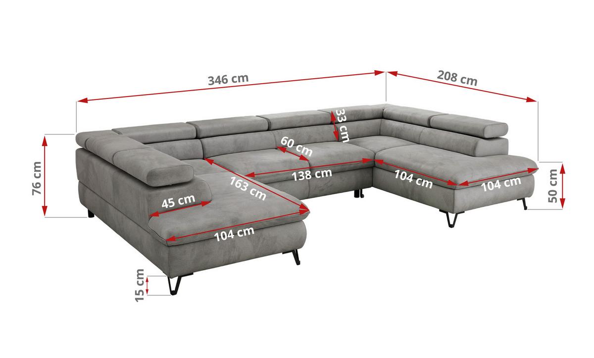 WOHNLANDSCHAFT PABLO U Velvet Hellgrau mit Topper T25 - Hellgrau/Schwarz, Textil/Metall (346/76/208cm) - MKS