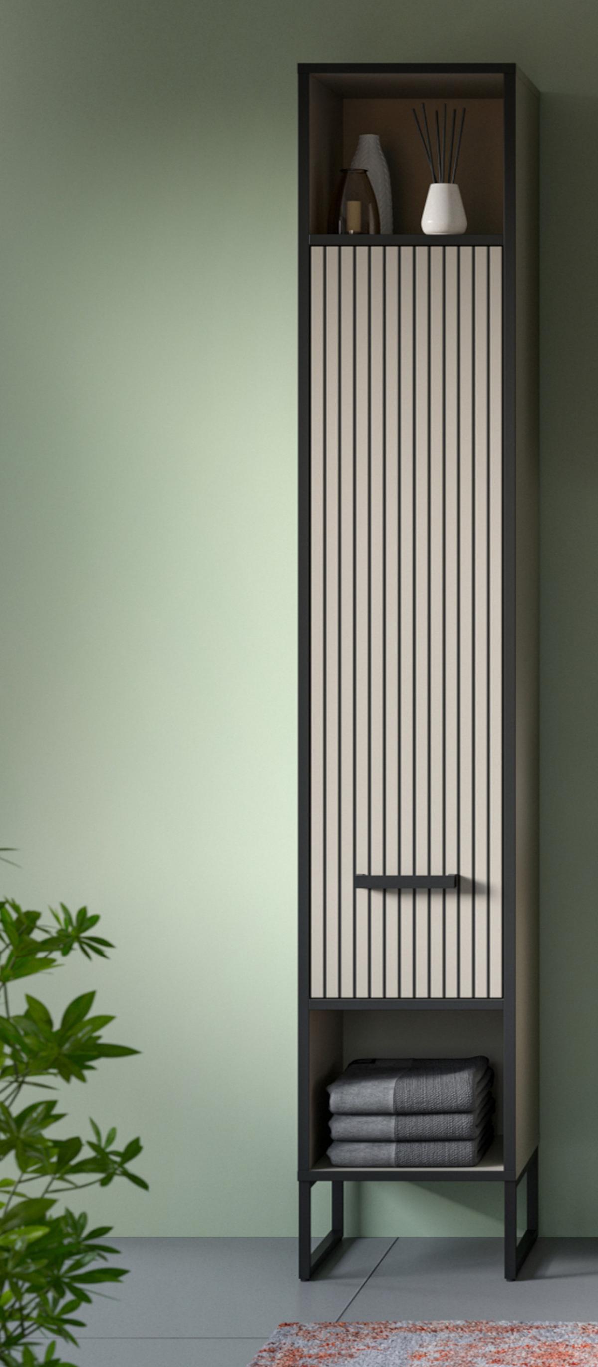 HOCHSCHRANK schwarz, sand 30 cm, Badschrank mit Soft-Close - Sandfarben/Schwarz, Holzwerkstoff/Metall (30/192/32cm) - Inn.Furn