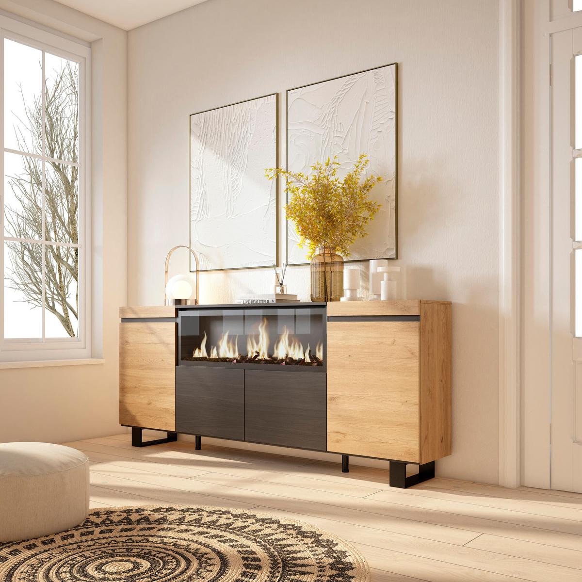 SIDEBOARD Elektrokamin XXL, eiche, schwarz, 208/35/87cm - Eichefarben/Beige, Holzwerkstoff (208/87/35cm) - Skraut Home