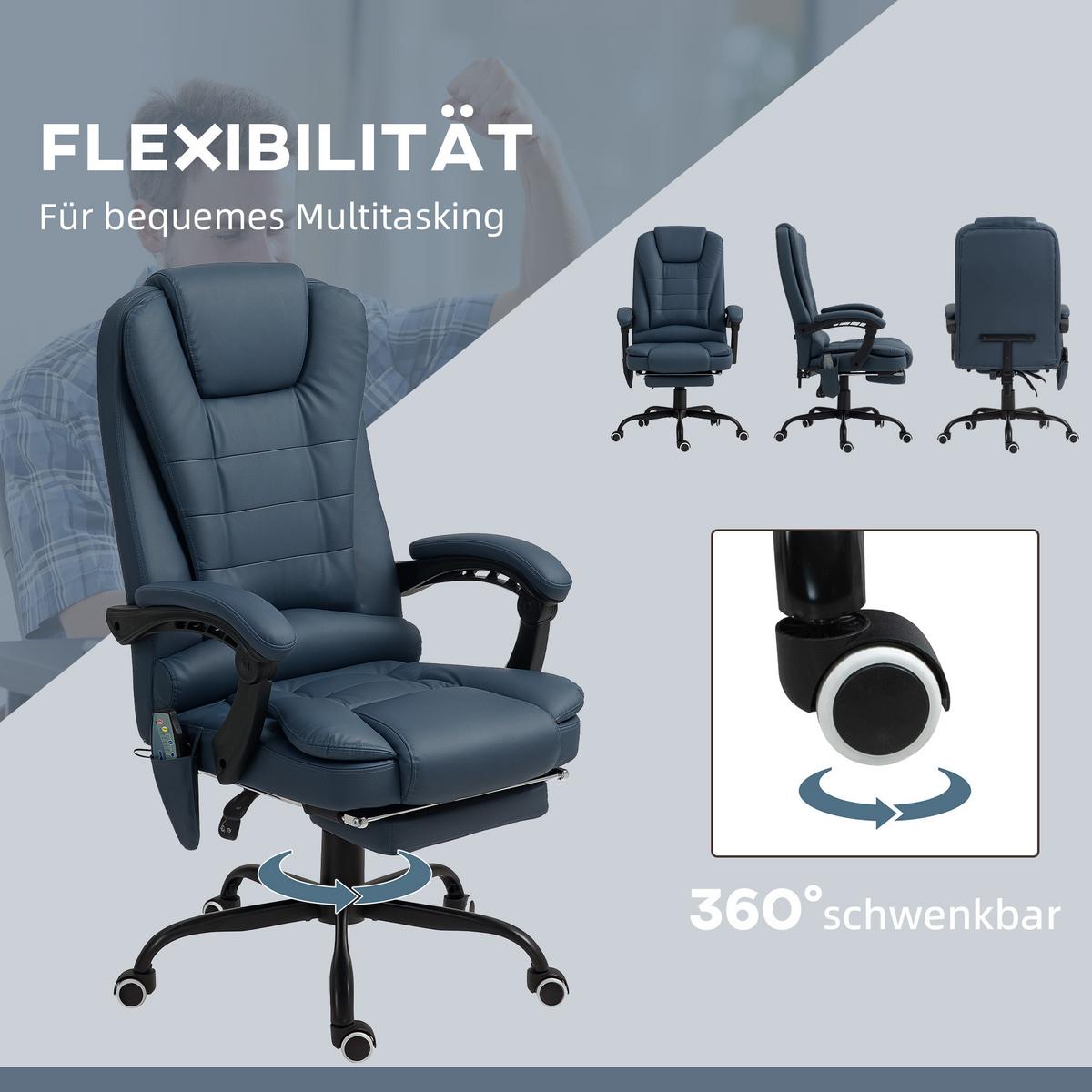 CHEFSESSEL mit 7 Punkt Massage, ergonomischer Chefsessel mit Liegefunktion - Blau/Schwarz, Kunststoff/Metall (67/121/67cm) - Vinsetto