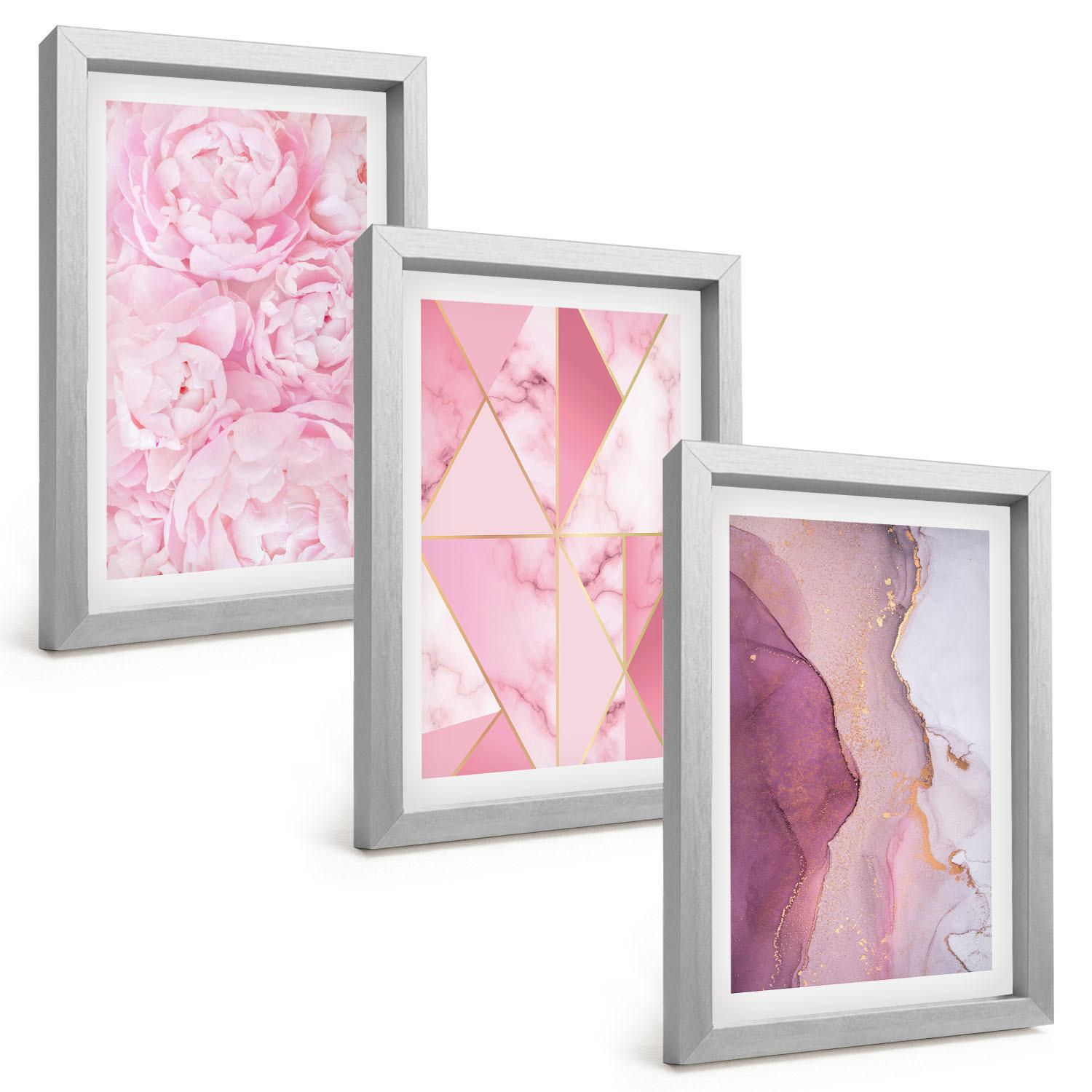 BILDER SET 3er Set - 20x30 cm Silberner Rahmen - Rosa geometrische Pfingstrosen - Silberfarben, Kunststoff (20/30cm) - TULUP