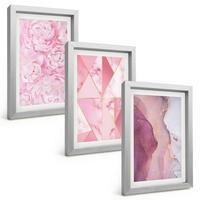 BILDER SET 3er Set - 20x30 cm Silberner Rahmen - Rosa geometrische Pfingstrosen - Silberfarben, Kunststoff (20/30cm) - TULUP