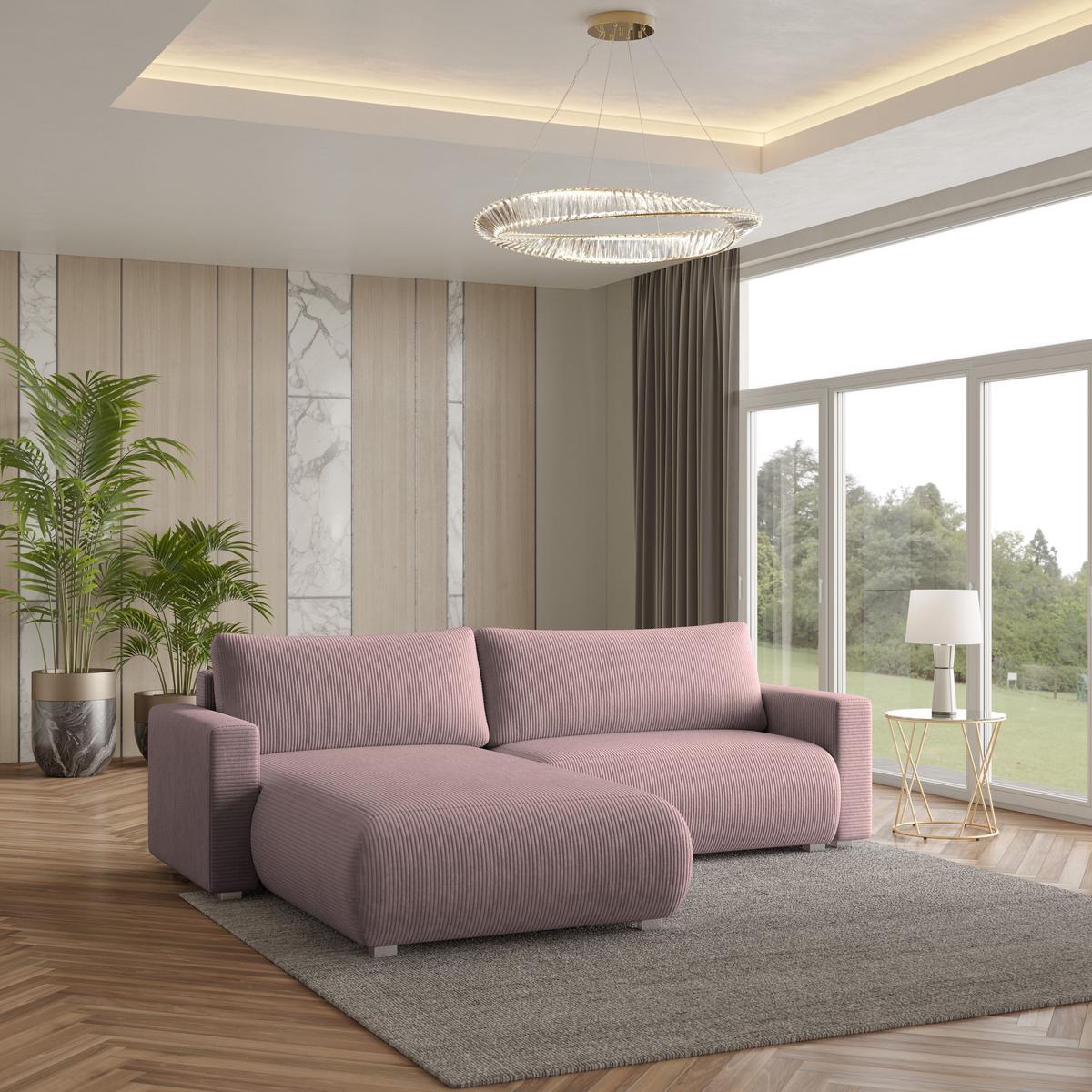 ECKSOFA TURIN P Lila Kordstoff mit Schlaffunktion - Lila/Grau, Holz/Kunststoff (265/183cm) - MASSENO