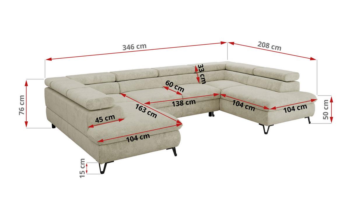 WOHNLANDSCHAFT PABLO U Schenille grob gewebt Creme - Creme/Schwarz, Textil/Metall (346/76/208cm) - MKS