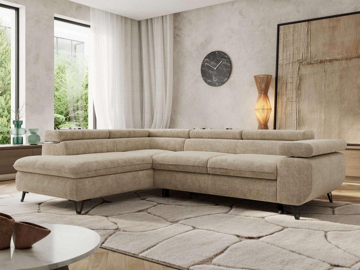 ECKSOFA PABLO L Beige Schenille grob gewebt - Links Seite - Beige/Schwarz, Textil/Metall (208/273cm) - MKS