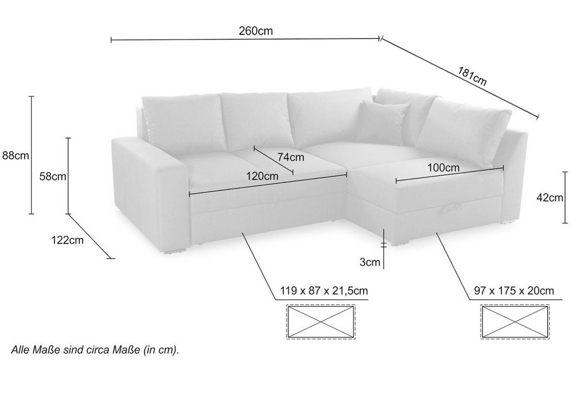 ECKSOFA-DAUERSCHLÄFER Boxspring Federkern Topper Bettkasten, seitenverkehrt montierbar B260/T181/H88 cm, Cord Braun Taupe / 15234 - Chromfarben/Braun, Textil/Metall (260/181cm) - luma-home