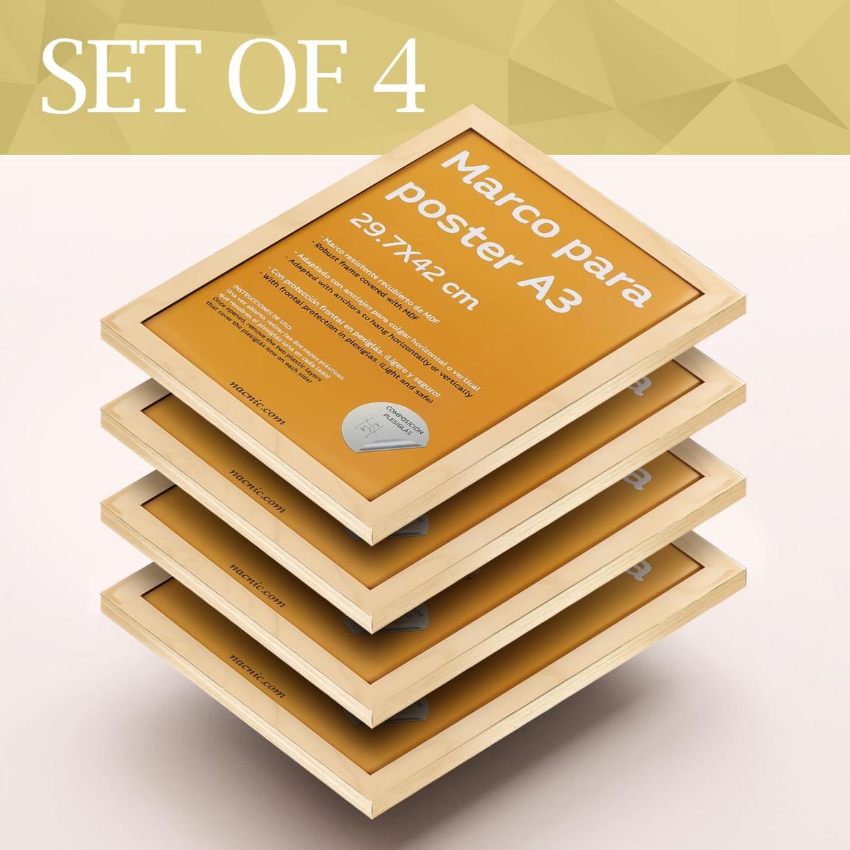 RAHMEN Set mit 4 aus MDF und Acrylglas Schutz und Aussteller für Fotografien, Bilder, Poster, Gemälde, Dekoration für Haus Farbe Hellholz A3 - Beige, Holz (29.7/3cm) - Nacnic