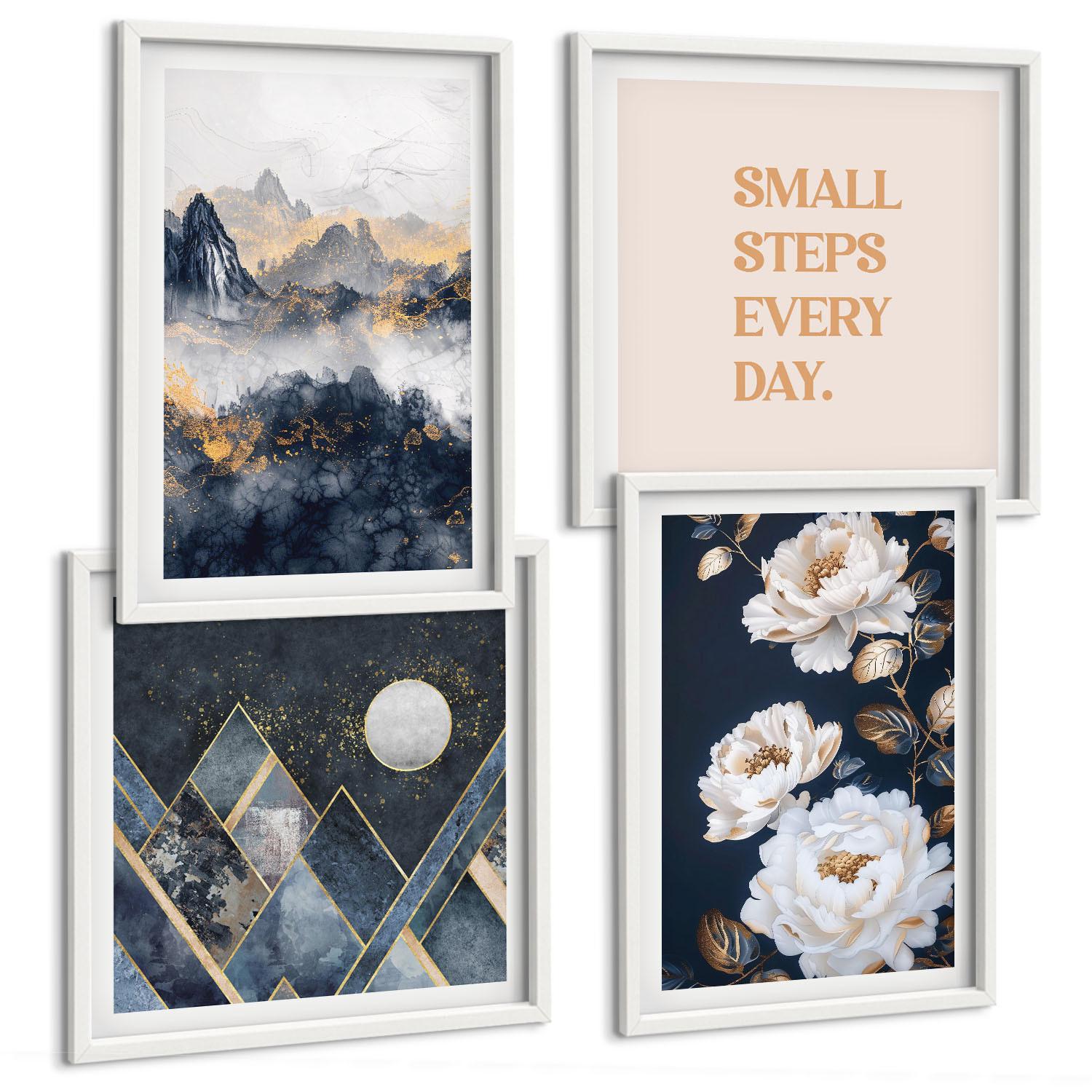 BILDER SET 4er Set - 50x50 cm & 40x60 cm Weißer Rahmen - Abstrakte Berge und Blumen Inspiration - Weiß, Kunststoff (50/50cm) - TULUP
