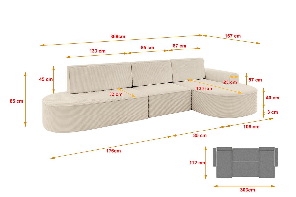 ECKSOFA mit Schlaffunktion Ottomane RECHTS MARI L2-S 368X167X85 Beige Cord - Schwarz/Cappuccino, Holzwerkstoff/Kunststoff (167/368cm) - ALTDECOR