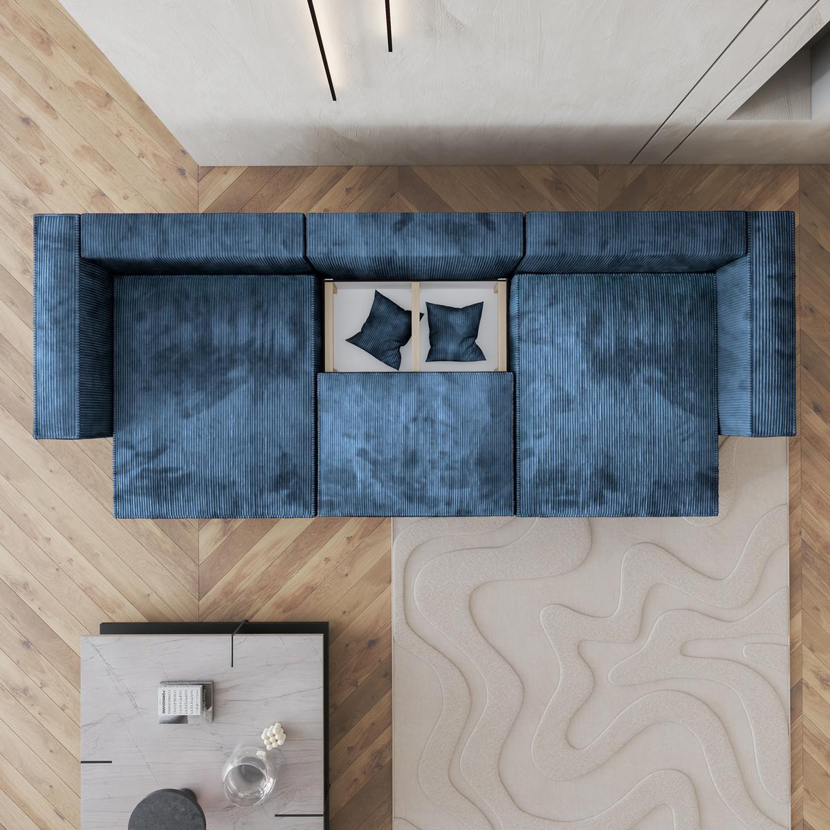 WOHNLANDSCHAFT SARMO P Blau Kordstoff mit Schlaffunktion - Blau/Grau, Holz/Kunststoff (347/70/148cm) - MASSENO