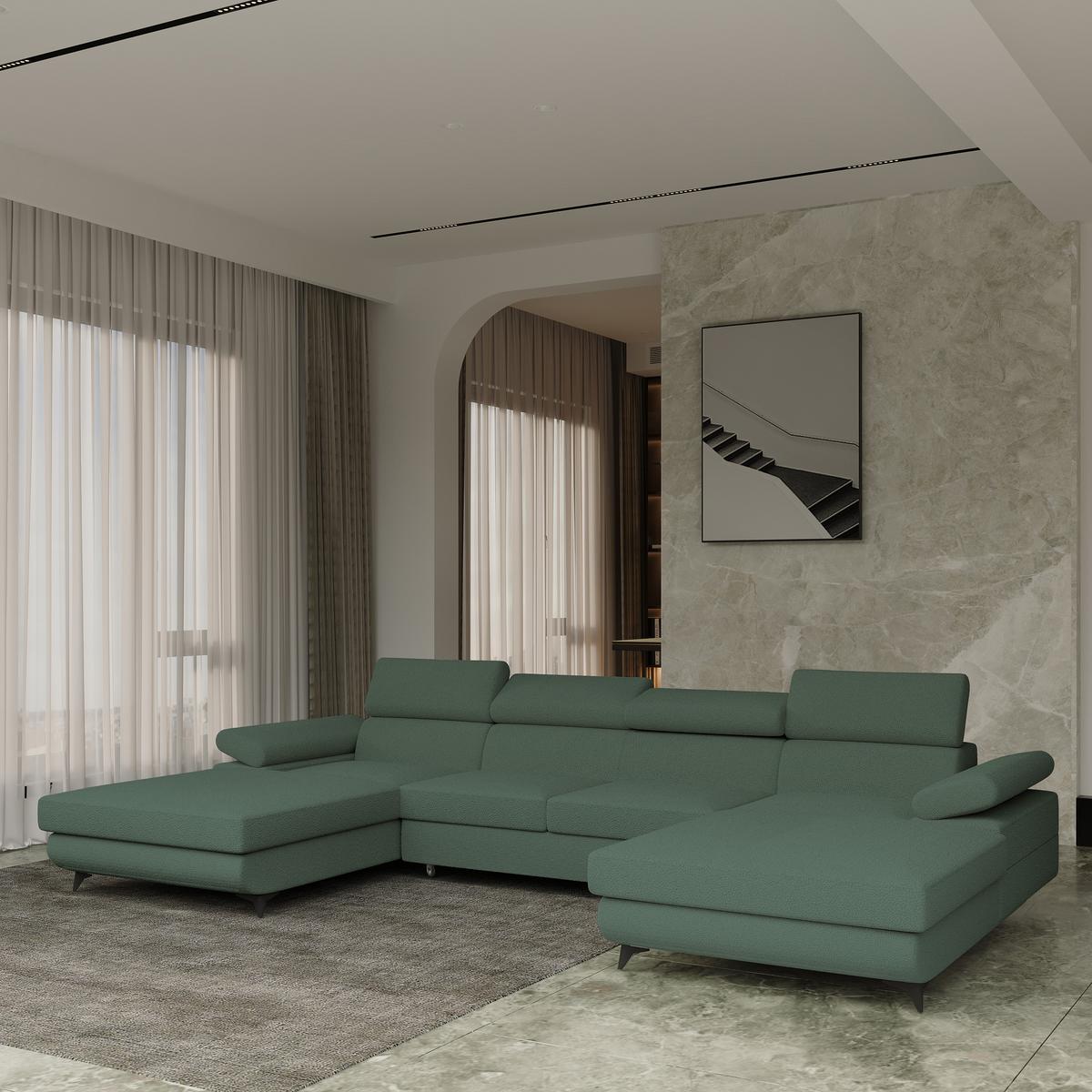 WOHNLANDSCHAFT DETTI Grün Boucle-Stoff mit Schlaffunktion - Grün, Holz (339/89/190cm) - MASSENO