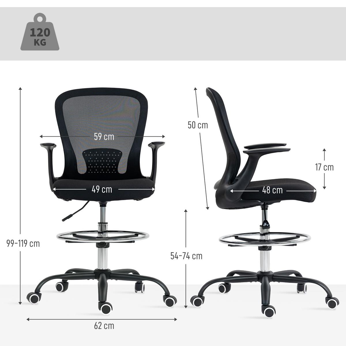 BÜROSTUHL Schreibtischstuhl mit verstellbarer Fußring Lendenwirbelstütze Schwarz - Schwarz, Textil (59/119/62cm) - HOMCOM