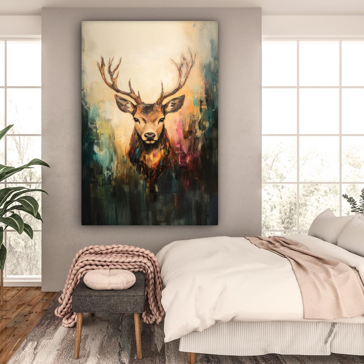 LEINWANDBILD Hirsch - Gemalt - Geweih - Braun Deko Groß 90x140 cm - Haselnussfarben, Textil (90/140cm) - MuchoWow