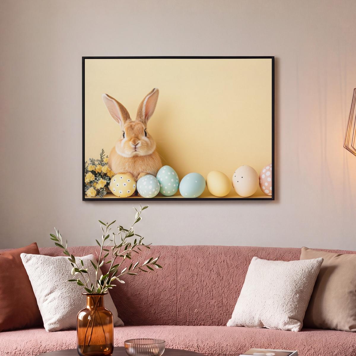LEINWAND Bilder mit Rahmen - Eier - Kaninchen - Pastellfarbtöne - 70x50 - Hellgelb, Textil (70/50cm) - MuchoWow
