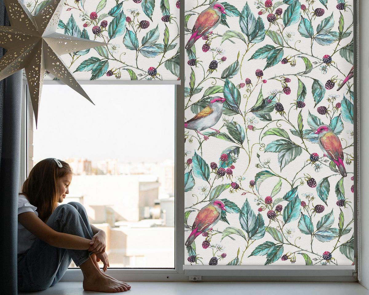 INNENROLLO - Fensterrollo - Rollo - 100x140 cm - Blaue Blätter und bunte Vögel - Blau, Kunststoff (100/140/0.5cm) - TULUP