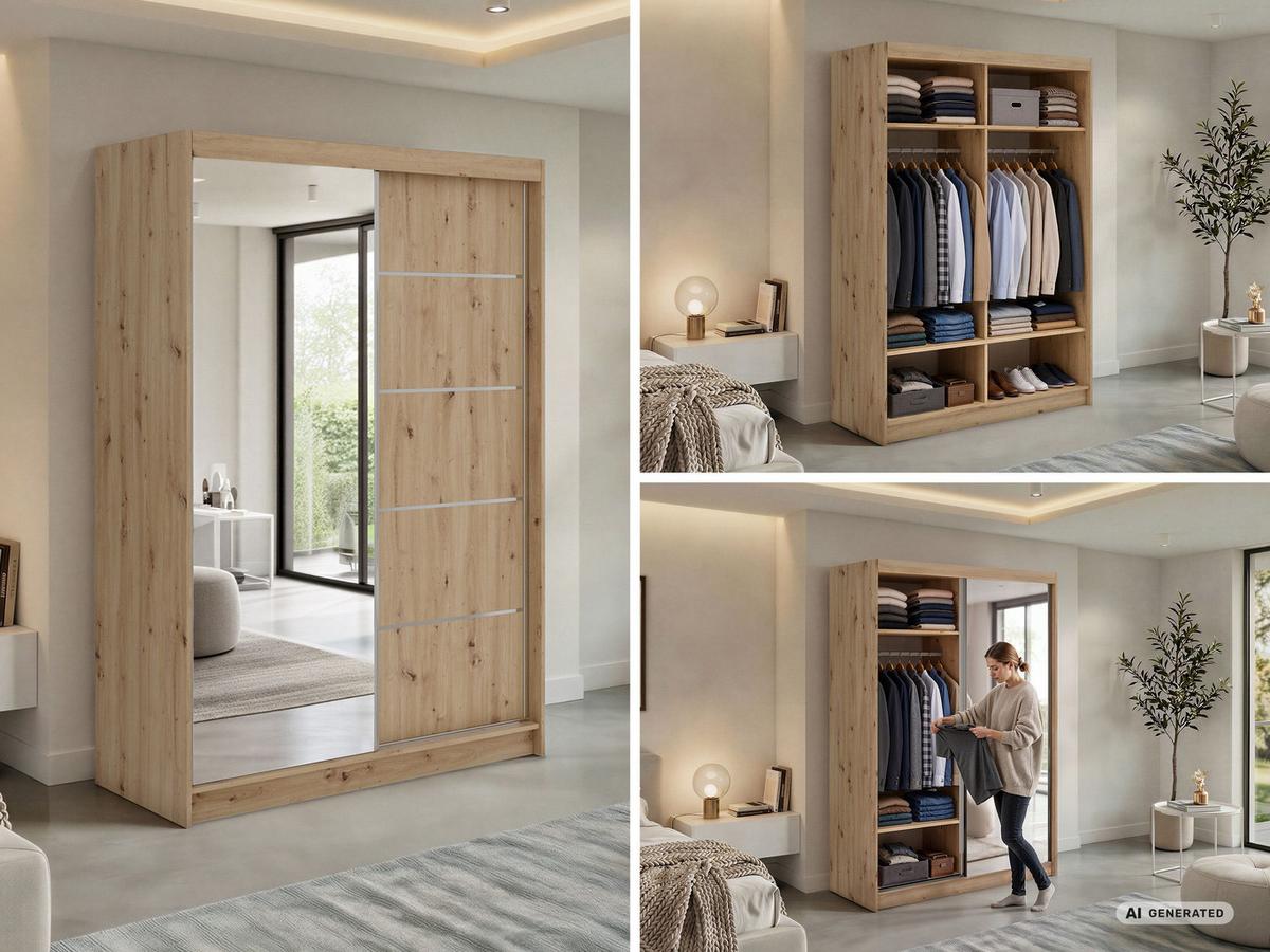 SCHWEBETÜRENSCHRANK 150 - SKORIA - Eiche Artisan mit Spiegel - Alufarben/Eiche Artisan, Holzwerkstoff/Metall (150/216/61cm) - MKS