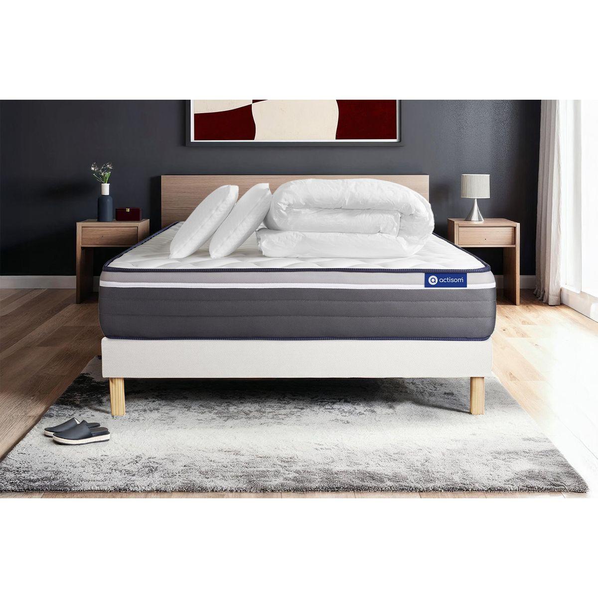 BETT Actilatex plus Latex und Memory-Schaum 140 x 200 cm h4 - Kit Bettgestell Weiß - Mit Kissen und Bettdecke - Beige/Weiß, Karton/Holz (140/200cm) - ACTISOM