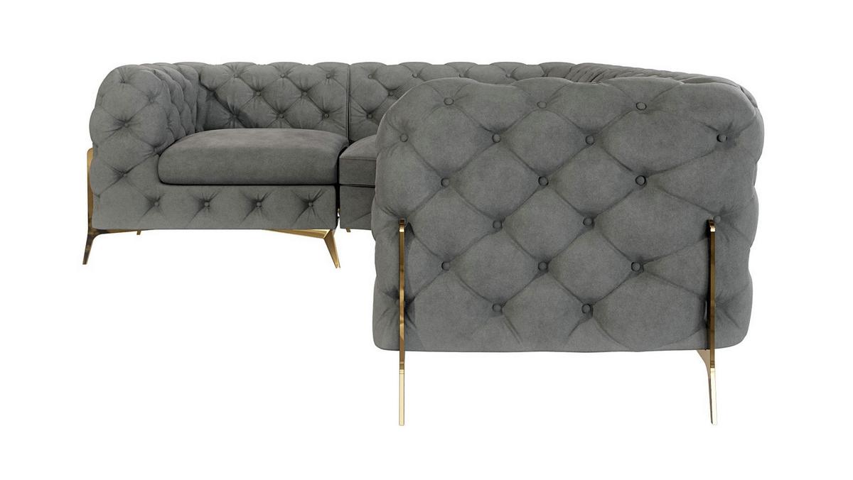 ECKSOFA Chesterfield Lexi Grau Samt, Ottomane links - Goldfarben/Grau, Holz/Textil (264/204cm) - S-Style