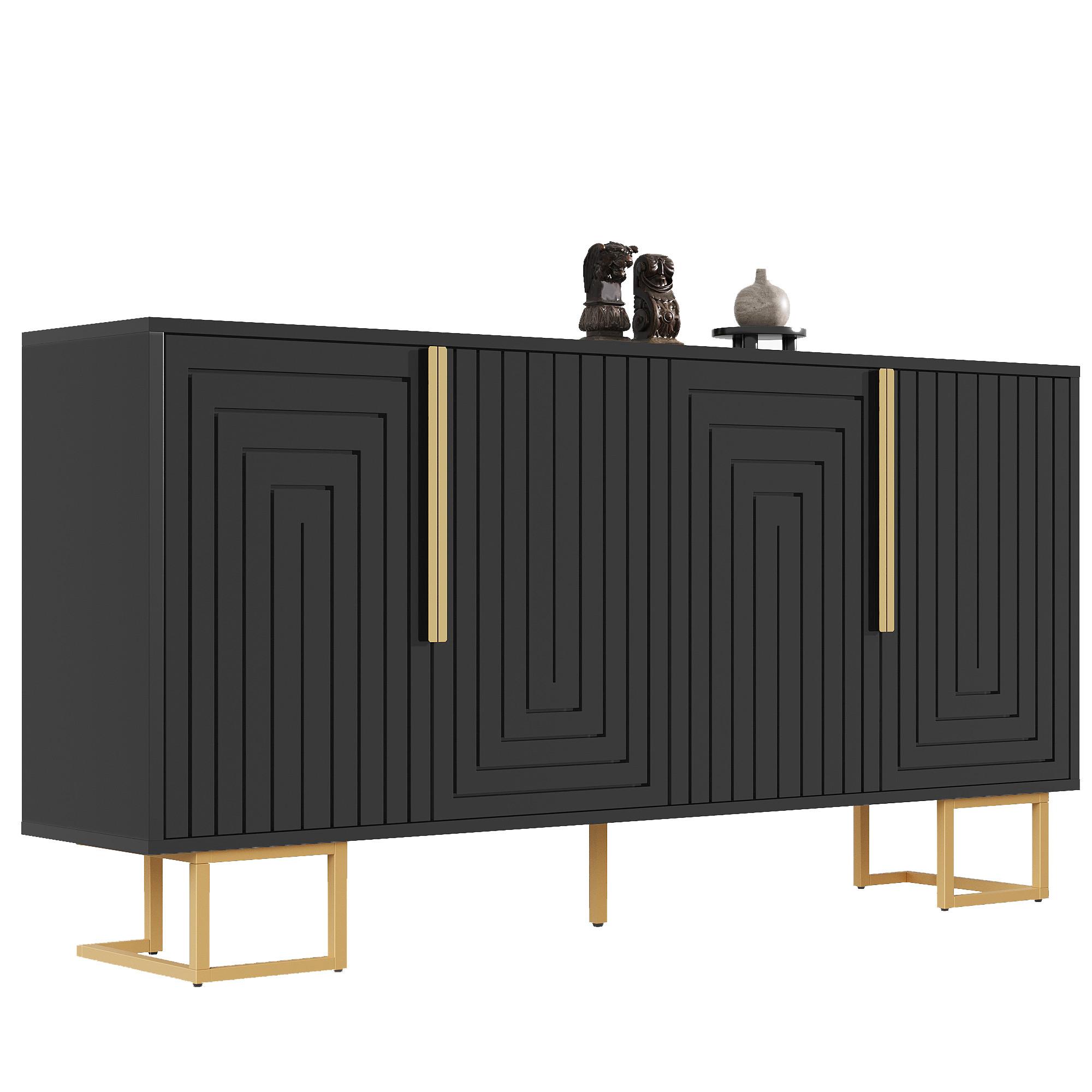 SIDEBOARD SCHWARZ & GOLD 152 CM MIT GEOMETRISCHEM RELIEF & 4 FÄCHERN - Schwarz, Holzwerkstoff (152/75/40cm) - Urban Meuble