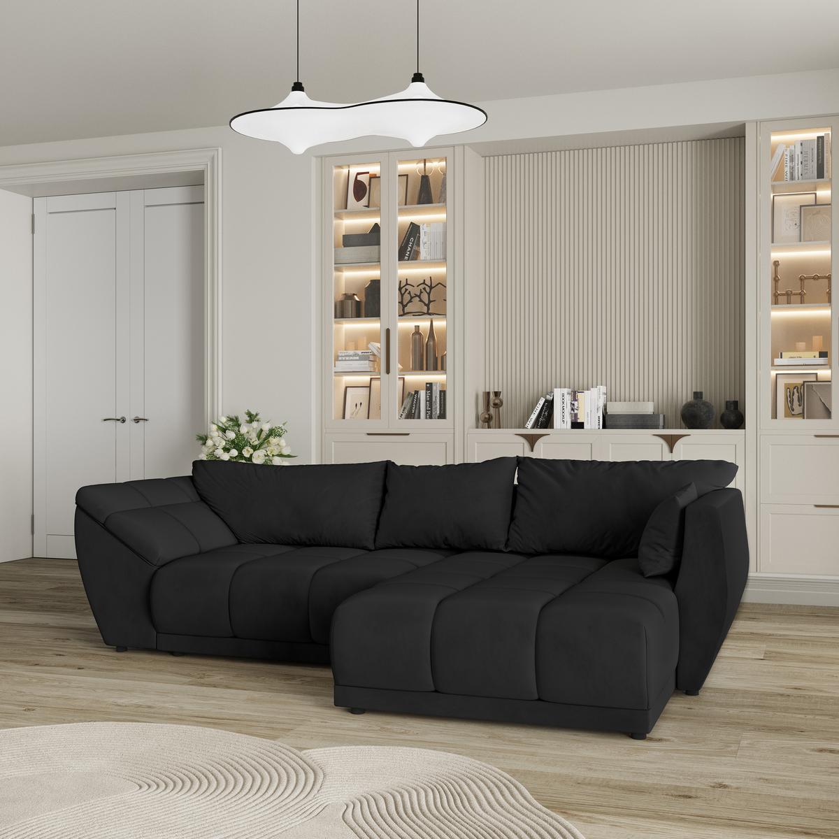 ECKSOFA ORENTI R-S Schwarz Velours-Stoff mit Schlaffunktion - Schwarz, Holz (287/182cm) - MASSENO