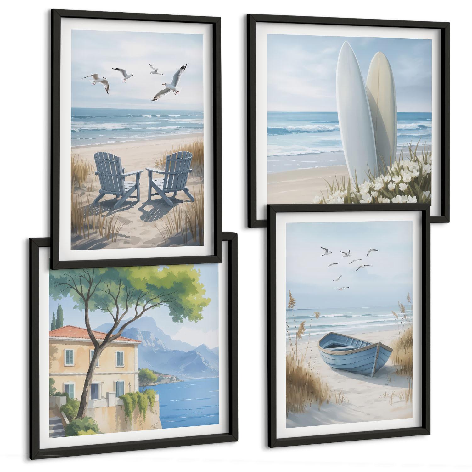 BILDER SET 4er Set - 50x50 cm & 40x60 cm Schwarzer Rahmen - Strandbretter, Surfboote, Vögel - Schwarz, Kunststoff (50/50cm) - TULUP