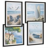 BILDER SET 4er Set - 50x50 cm & 40x60 cm Schwarzer Rahmen - Strandbretter, Surfboote, Vögel - Schwarz, Kunststoff (50/50cm) - TULUP