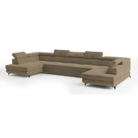 WOHNLANDSCHAFT URMANO Beige Velours-Stoff mit Schlaffunktion - Beige, Holz (395/89/190cm) - MASSENO