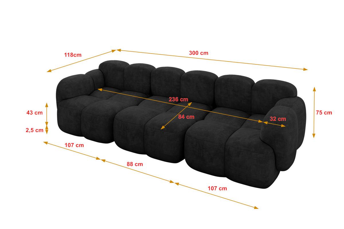3-SITZER modulares Sofa Miko-S2 300x118x75 cm Schwarz Velours - Schwarz, Holzwerkstoff/Kunststoff (300/75/118cm) - ALTDECOR