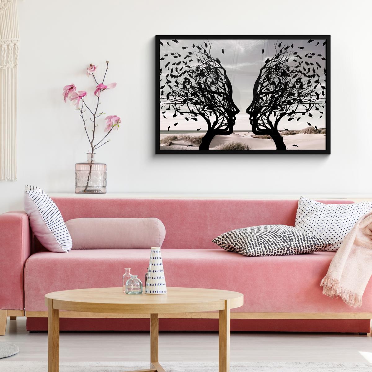 POSTER MIT RAHMENGERAHMTES BILD Strand - Meer - Menschen - Baum - Moderne Kunst 90x60 cm - Hellgrau, Papier (90/60cm) - MuchoWow