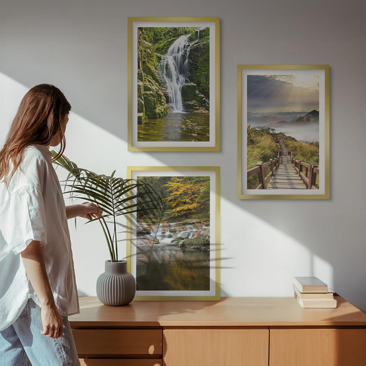 BILDER SET 3er Set - 40x60 cm Goldrahmen - Wasserfälle, Berge, Wolken, Herbst - Goldfarben, Kunststoff (40/60cm) - TULUP