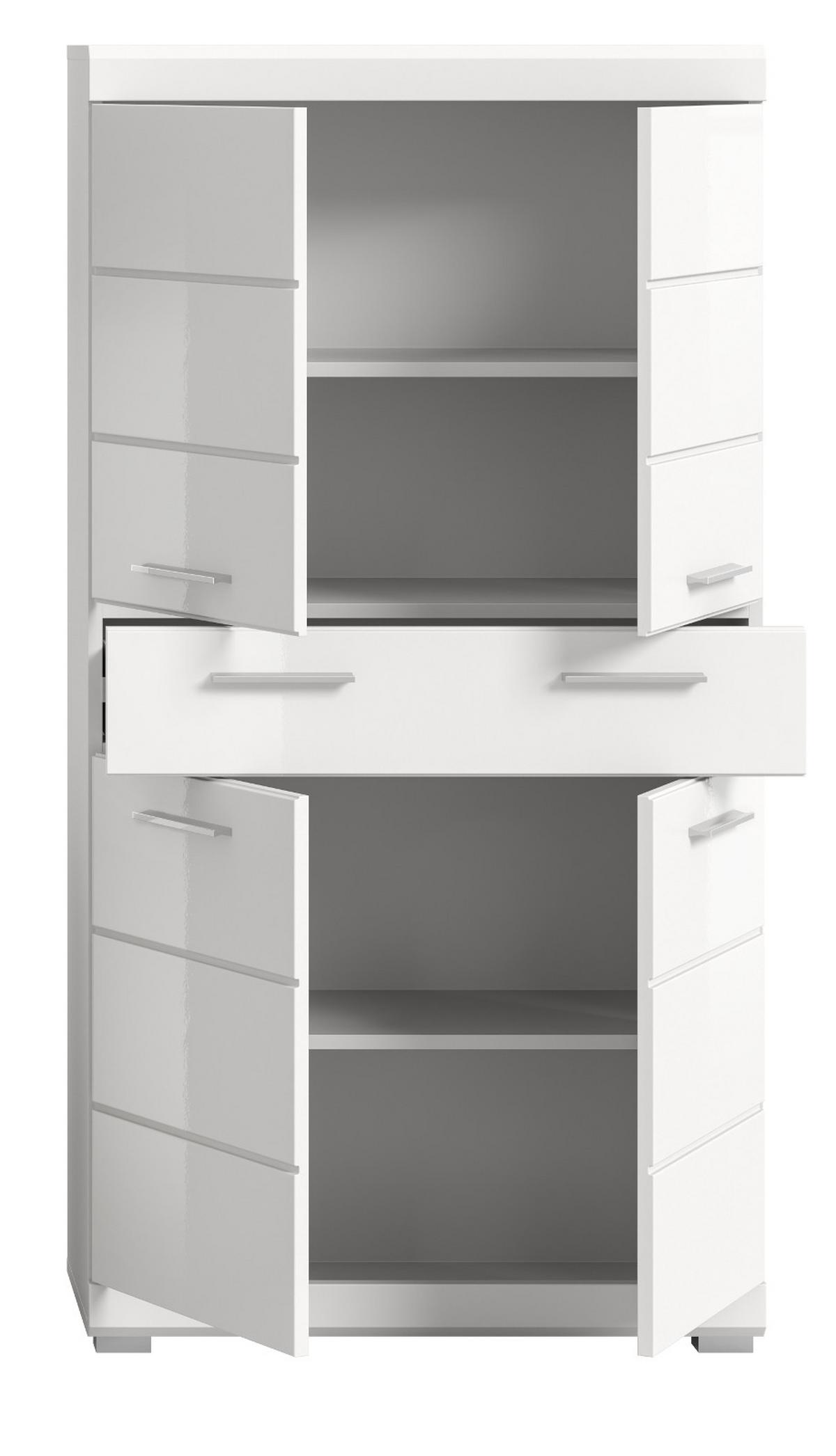 MIDISCHRANK weiß Hochglanz 74 x 141 cm, Badschrank 4-türig - Weiß Hochglanz/Silberfarben, Holzwerkstoff/Kunststoff (74/141/31cm) - Inn.Furn