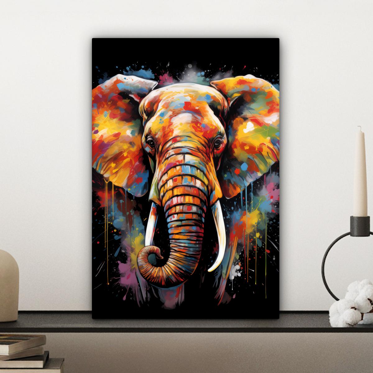 LEINWANDBILD Elefant - Graffiti - Schwarz - Tiere - Farben Deko Wohnzimmer 20x30 cm - Schwarz, Textil (20/30cm) - MuchoWow