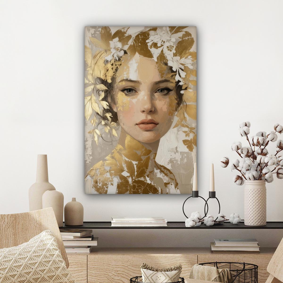 LEINWANDBILD Gesicht - Frau - Blätter - Gold Wanddeko 40x60 cm - Beige, Textil (40/60cm) - MuchoWow