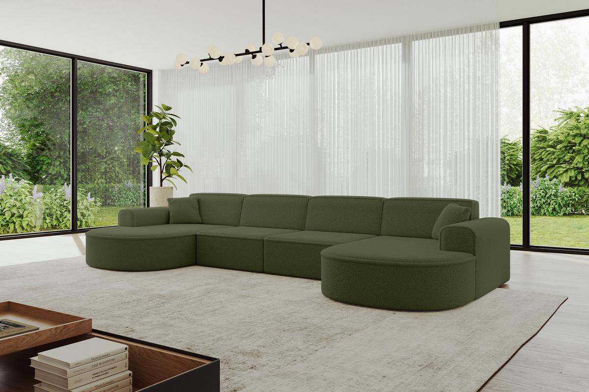 WOHNLANDSCHAFT MARI-U2 - 388x171x79 cm Grün Bouclé - Schwarz/Grün, Holzwerkstoff/Kunststoff (388/79/171cm) - ALTDECOR