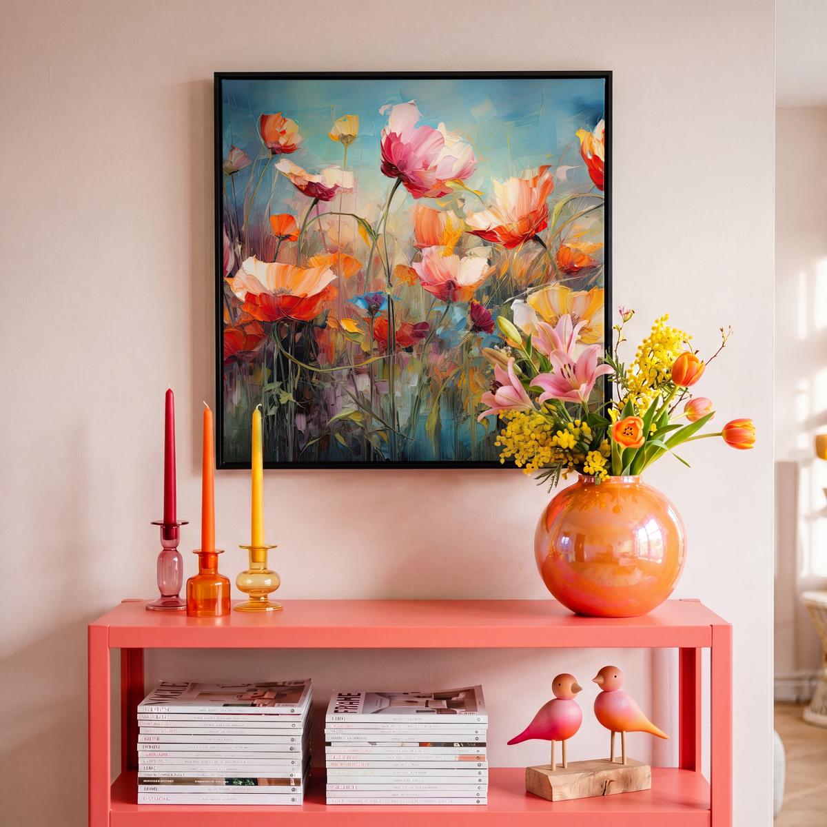 LEINWAND Bilder mit Rahmen - Blumen - Aquarell - Kunst - Botanisch - Natur - 50x50 - Orange, Textil (50/50cm) - MuchoWow