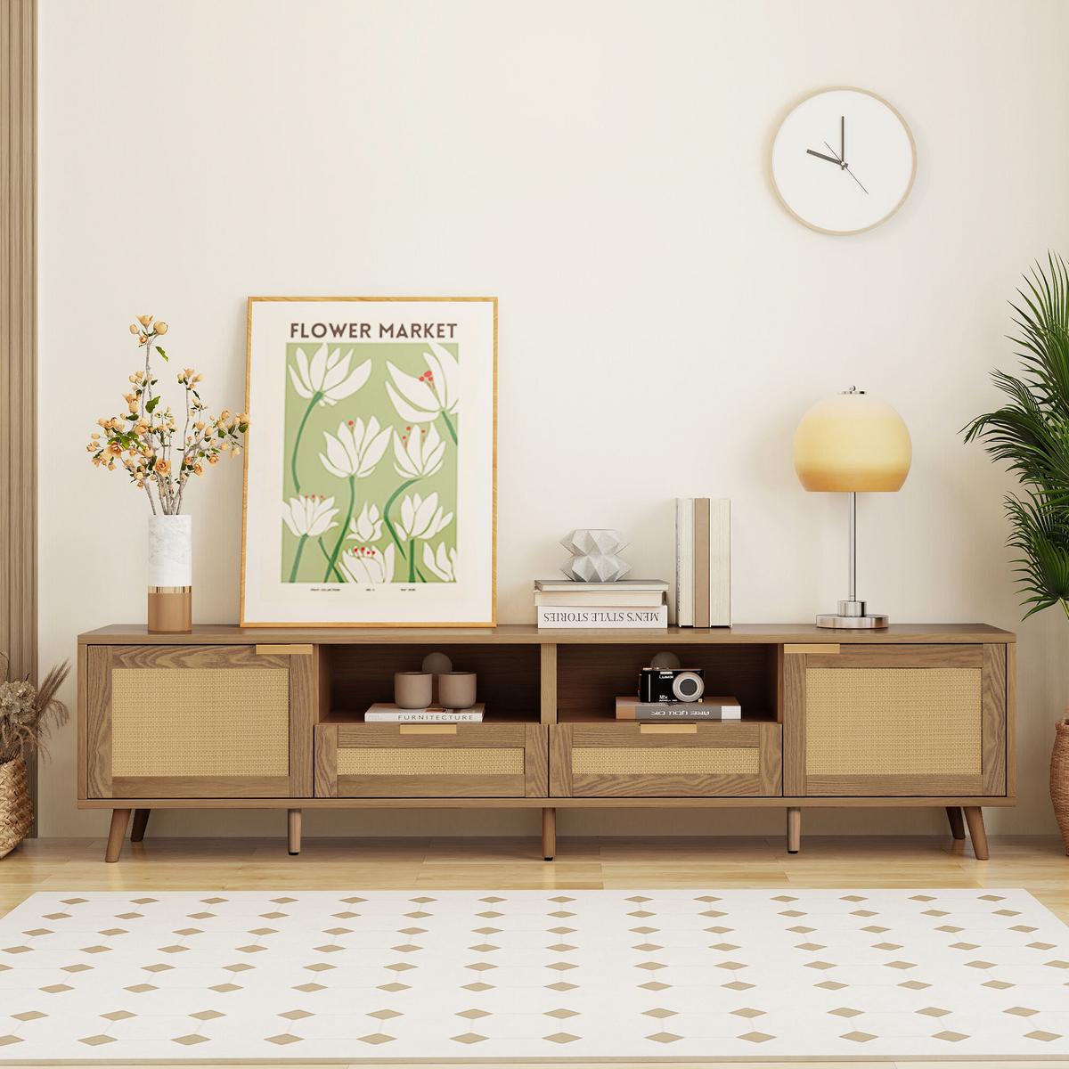 TV STOLÍK Z RATANU – nohy z masívneho dreva – 200 x 37 x 49 cm - Braun, Holz (37/49/200cm) - Urban Meuble
